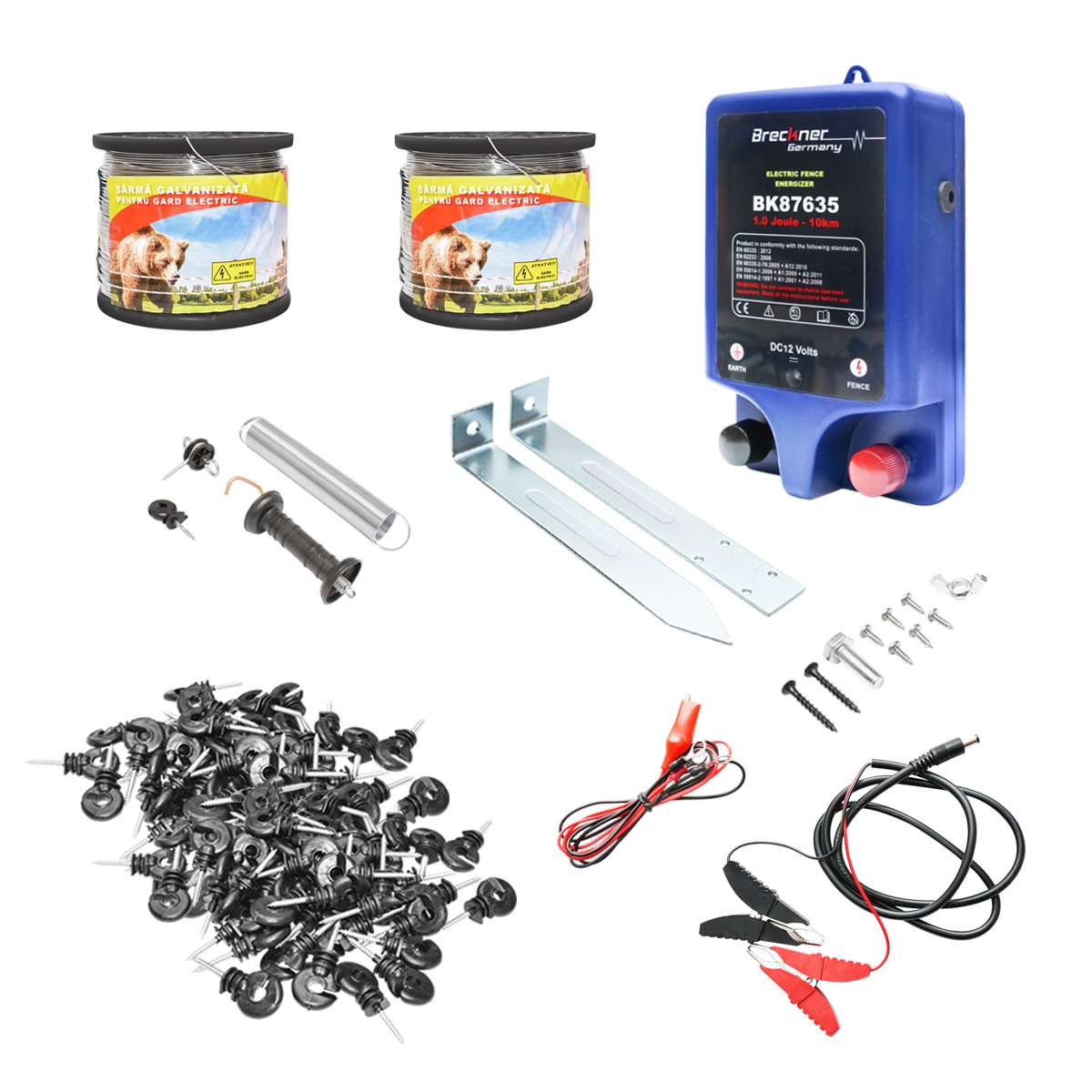 1-15 Kit complet gard electric 12V, 2 Joule, lungime sarma 1000m, 100 izolatori si kit poarta Breckner Germany - imagine 1