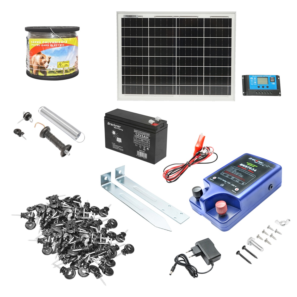 1-16 Kit complet gard electric 12/220V, 3 Joule cu panou solar 20W, lungime sarma 1000m, 100 izolatori, kit poarta si baterie 12V/17Ah Breckner Germany - imagine 1