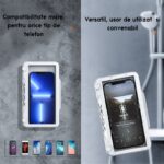 Suport pentru telefon de dus anti-aburire, rezistent la apa, cu rotatie de 360°, suport de montat pe perete, pentru baie, oglinda de perete, cada, bucatarie, Alb - imagine 4