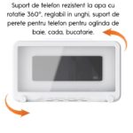 Suport pentru telefon de dus anti-aburire, rezistent la apa, cu rotatie de 360°, suport de montat pe perete, pentru baie, oglinda de perete, cada, bucatarie, Alb - imagine 7
